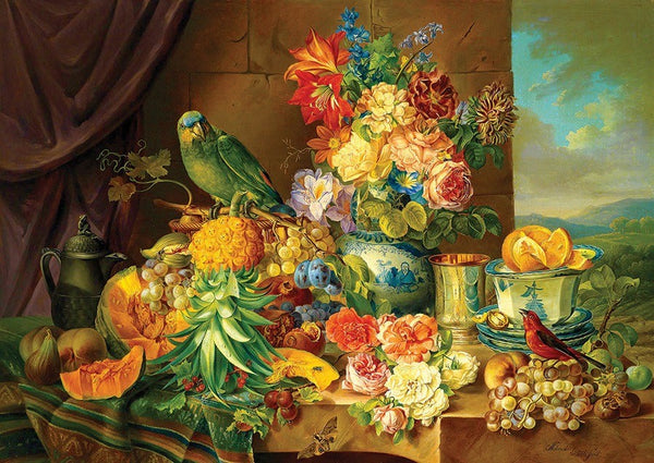 1000 Pc Puzzle | Shuster Still Life With Fruit Flowers & Parrot